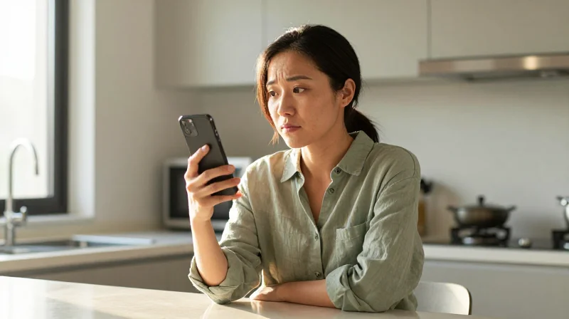 woman reading messages on phone with skeptical expression, adult friend finder review context