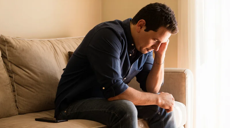 A man sitting alone at home on a Friday night, reflecting the flexibility required when following advice for dating a single mom