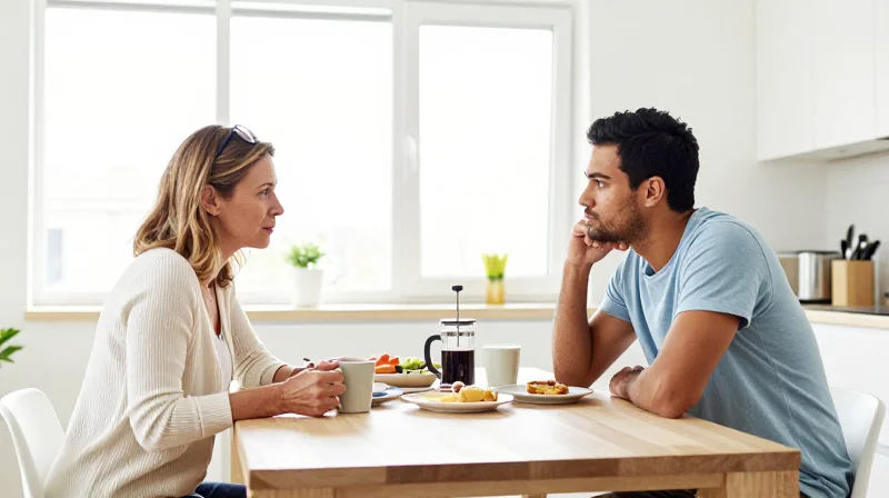 age gap couple talking over breakfast at home, comfortable and genuine