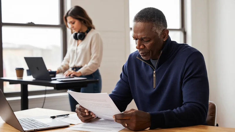 Older man reviewing documents alone at a desk while younger partner works in the background, reflecting age gap dating advice on retirement offset