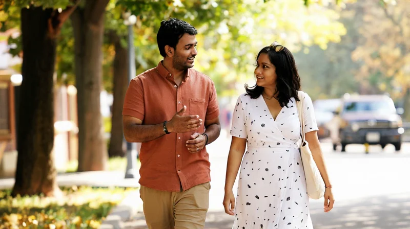 two people enjoying a casual relationship with a relaxed walk in the park
