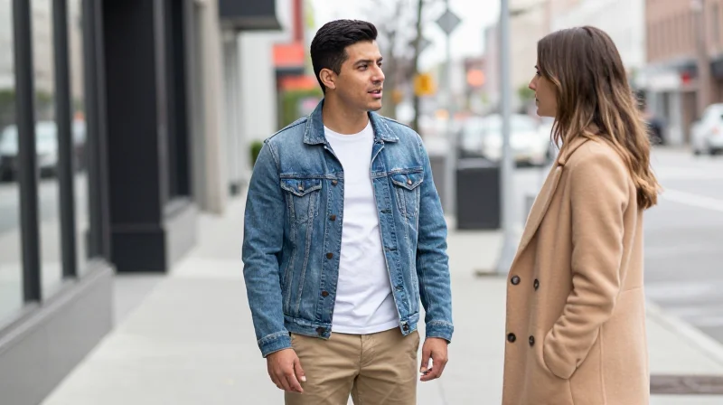 A man speaking directly and calmly to a woman outdoors — capturing the dating advice for men principle of honest, non-reactive communication