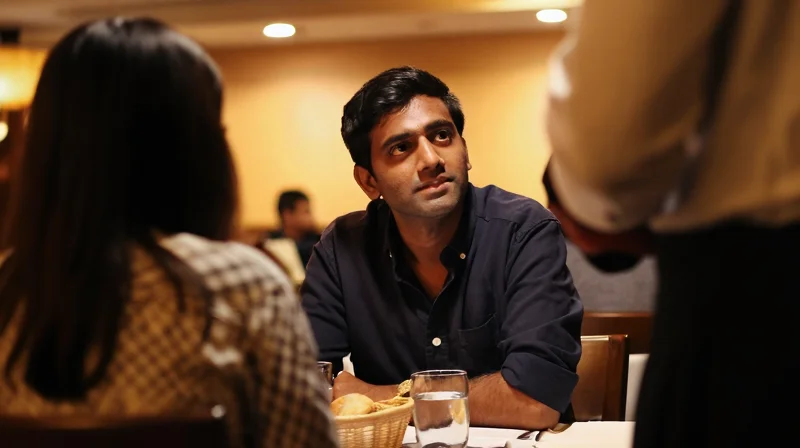 A man on a date at a restaurant noticing his date's behavior toward the waiter — illustrating the dating advice for men about reading red flags early