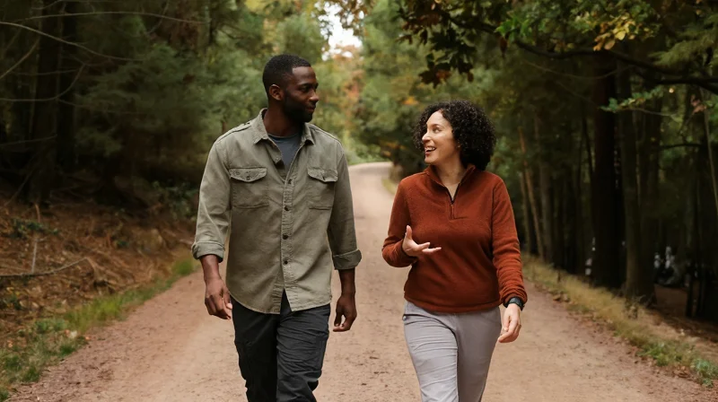 A couple hiking on a wooded trail together, relaxed and laughing — illustrating the dating advice that lasting chemistry feels like a pleasant hike, not a lightning strike