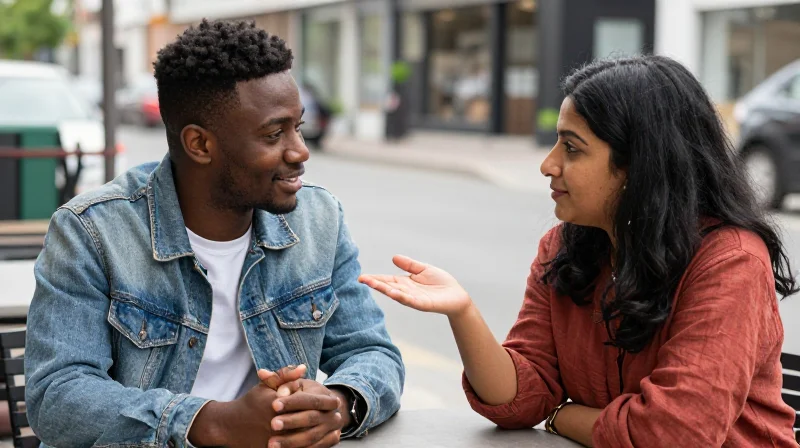 Couple on a first date demonstrating dating etiquette for guys through relaxed mutual conversation