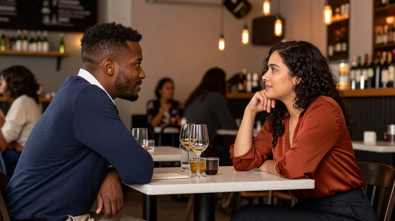 A couple meeting for the first time in a busy venue, navigating dating in your 20s in person