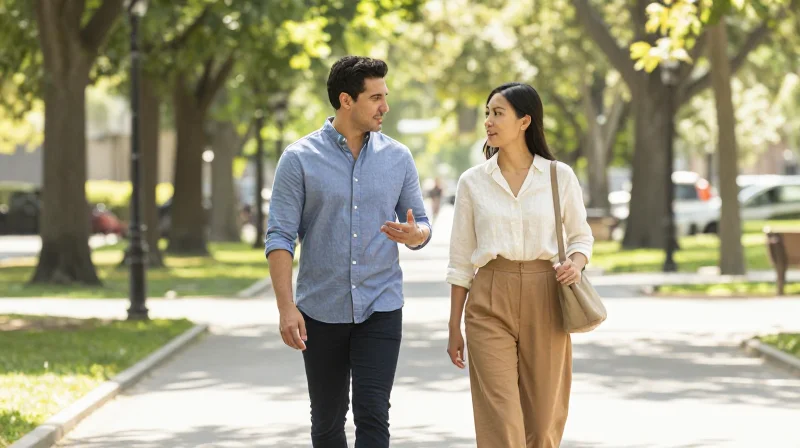 couple walking through a park having a conversation in their 30s