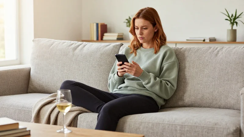 woman in her 30s on couch scrolling phone in the evening