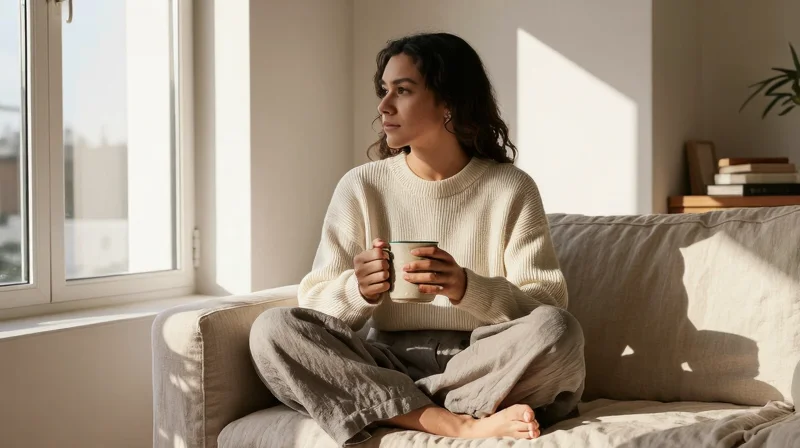 A woman alone at home looking clear-eyed and grounded, reflecting the dating tips for women concept of pre-decided standards