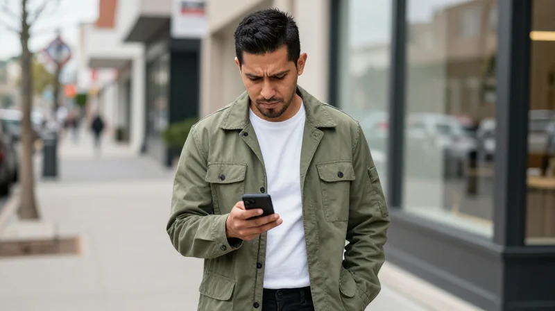 A man standing outside checking his phone with a conflicted expression, reflecting the confusion around reading dating signals