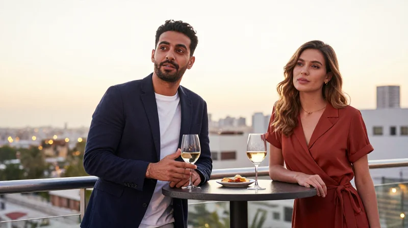 two people enjoying a first date conversation at an outdoor rooftop bar at dusk