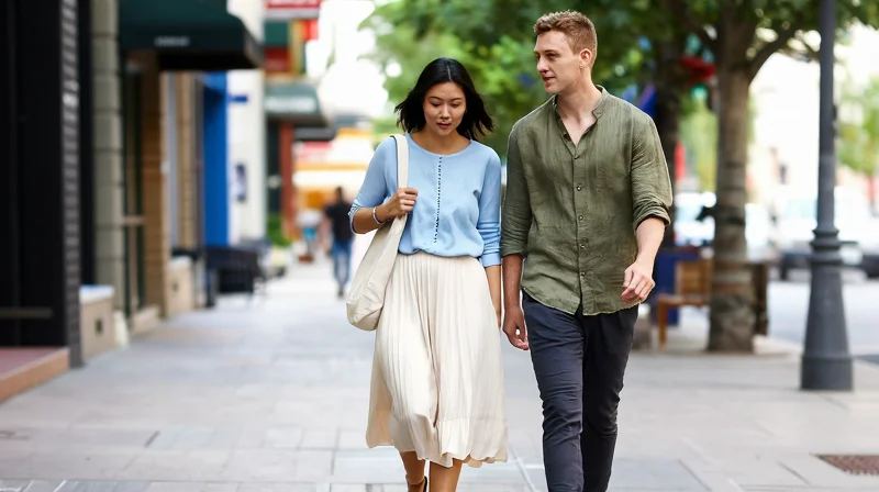 couple walking together on a first date along a sunny city street