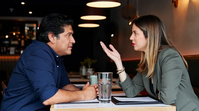 A man and woman over 50 on a first date having an honest conversation over dinner, capturing the emotional reality of over 50 dating