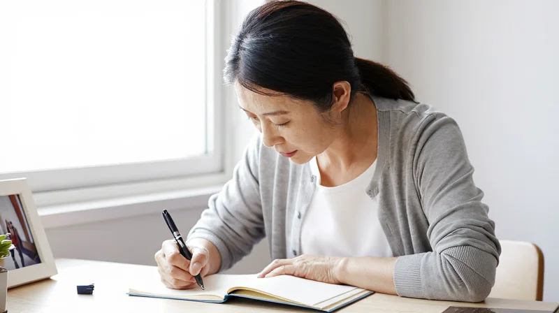 A woman over 50 writing in a journal at home, reflecting on re-entering dating after loss — a moment specific to the emotional complexity of over 50 dating
